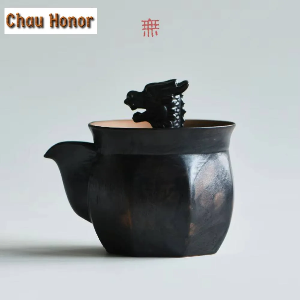 200ml Japanese Rough Pottery Treasure Bottle Pot Handmade Black Glazed Hand Grab Pot Creative Dargon Head Kettle Teaware Gifts
