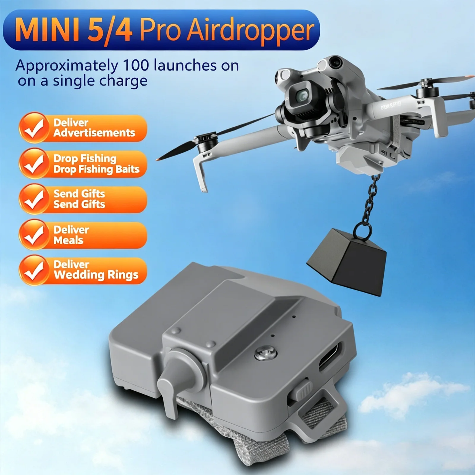 Vue rapprochée du Mini Airdropper avec son crochet de largage et charge de 130g attachée