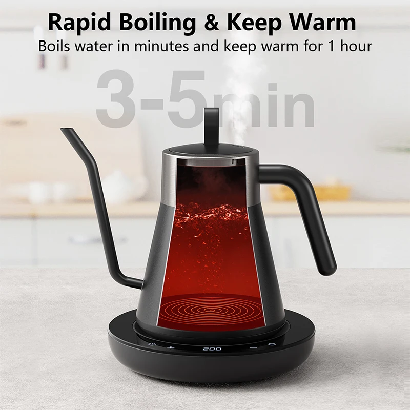 CROWNFUL Gooseneck Electric Kettle with Smart Variable Temperature Control 0.8L Hand Brew Coffee Pot 1200W Rapid Heating Kettle 2