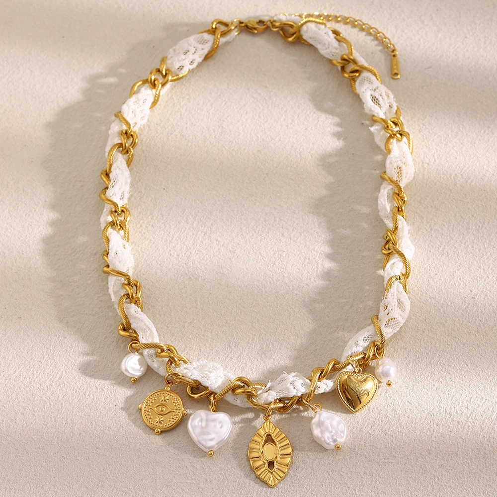 E.B.belle Halskette mit 18 Karat vergoldetem Edelstahlband, Seil, Herz-Perlen-Anhänger, Damenmode, Statement-Urlaubsschmuck – Detail 8