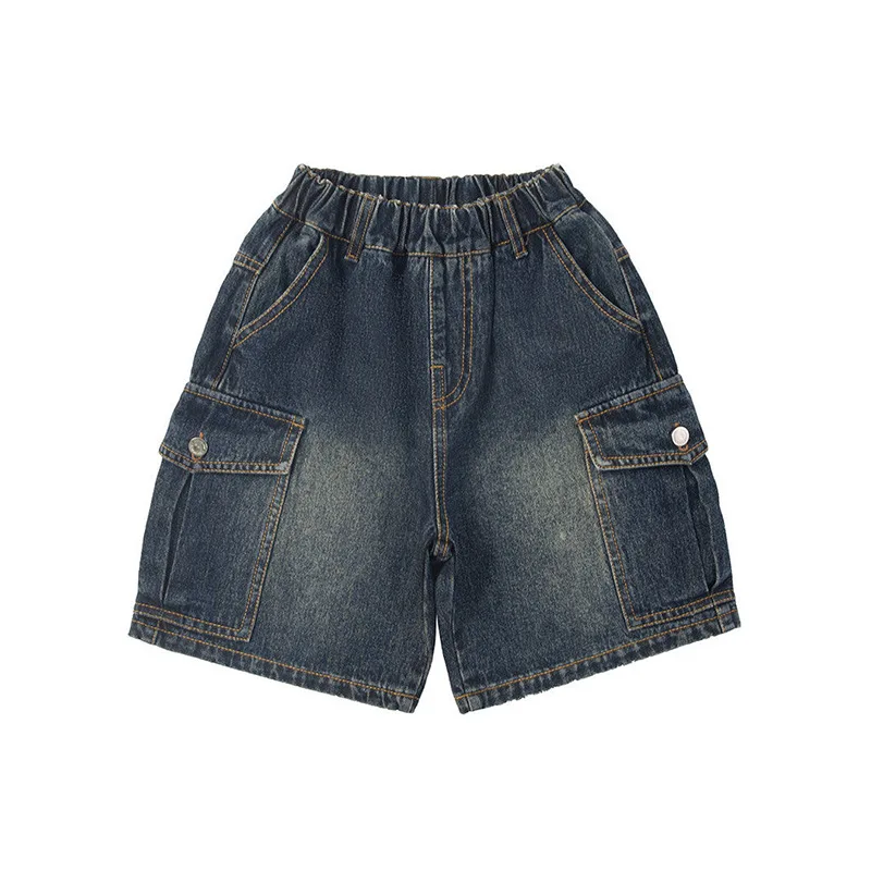 Kids Boys Cargo Denim Pants for Summer Dark Blue/Light Blue Big Pocket Loose Wide Leg Shorts Casual Children Short Pants A24607