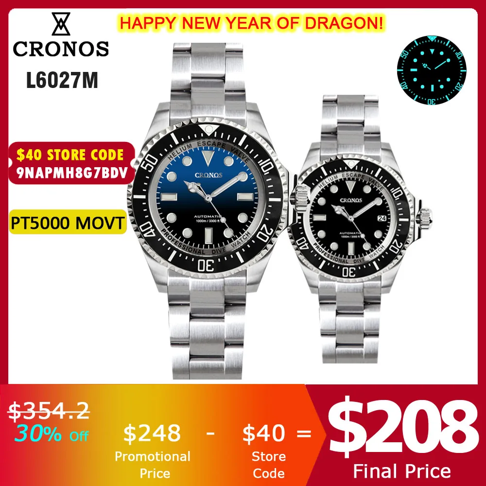 Cronos Orologio Subacqueo Automatico Acciaio Inossidabile 2000 Metri Resistenza All'Acqua Subacqueo Professionale Pt5000 Sw200 L6027M