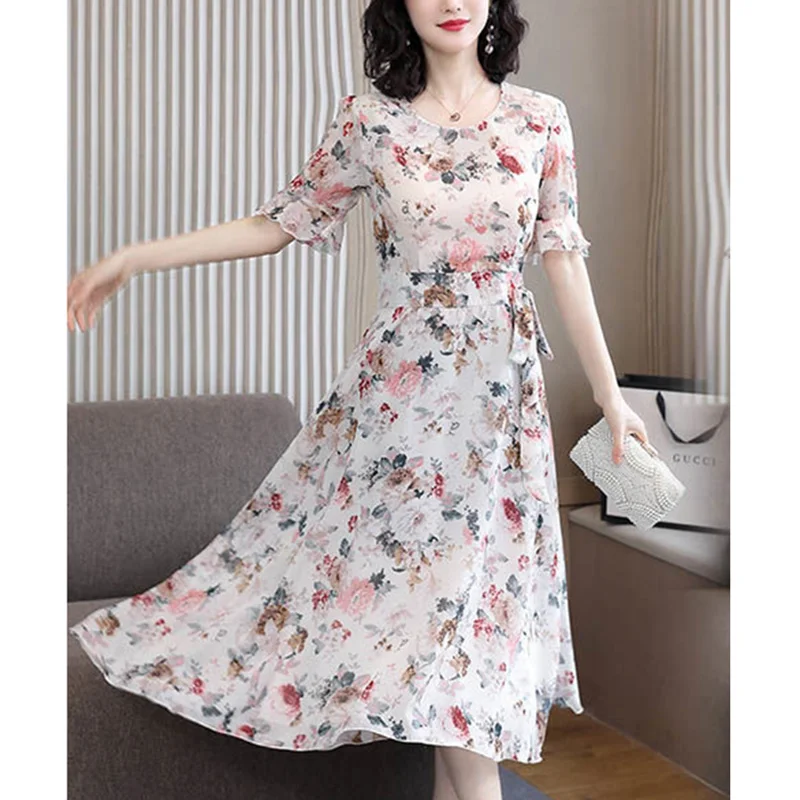 

Fashion O-Neck Printed Loose Ruffles Bandage Bow Floral Dress Women's Clothing 2023 Summer New Oversized Office Lady Midi Dress
