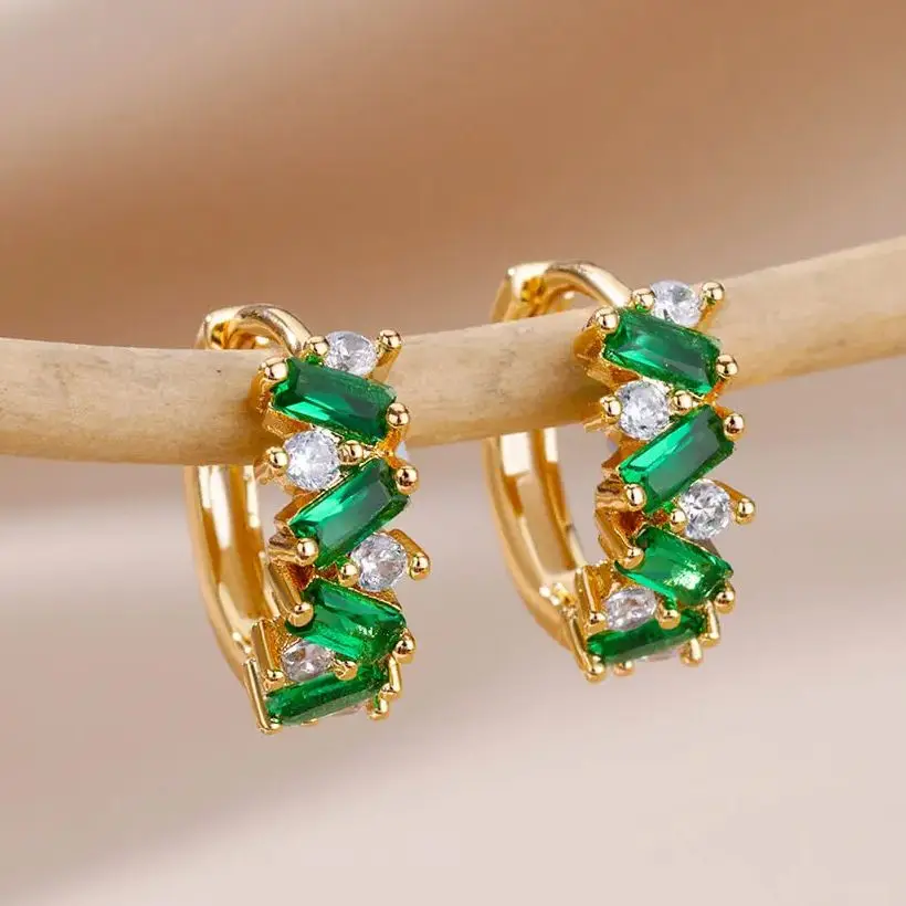 Fashion Green Zircon Square Earrings For Women