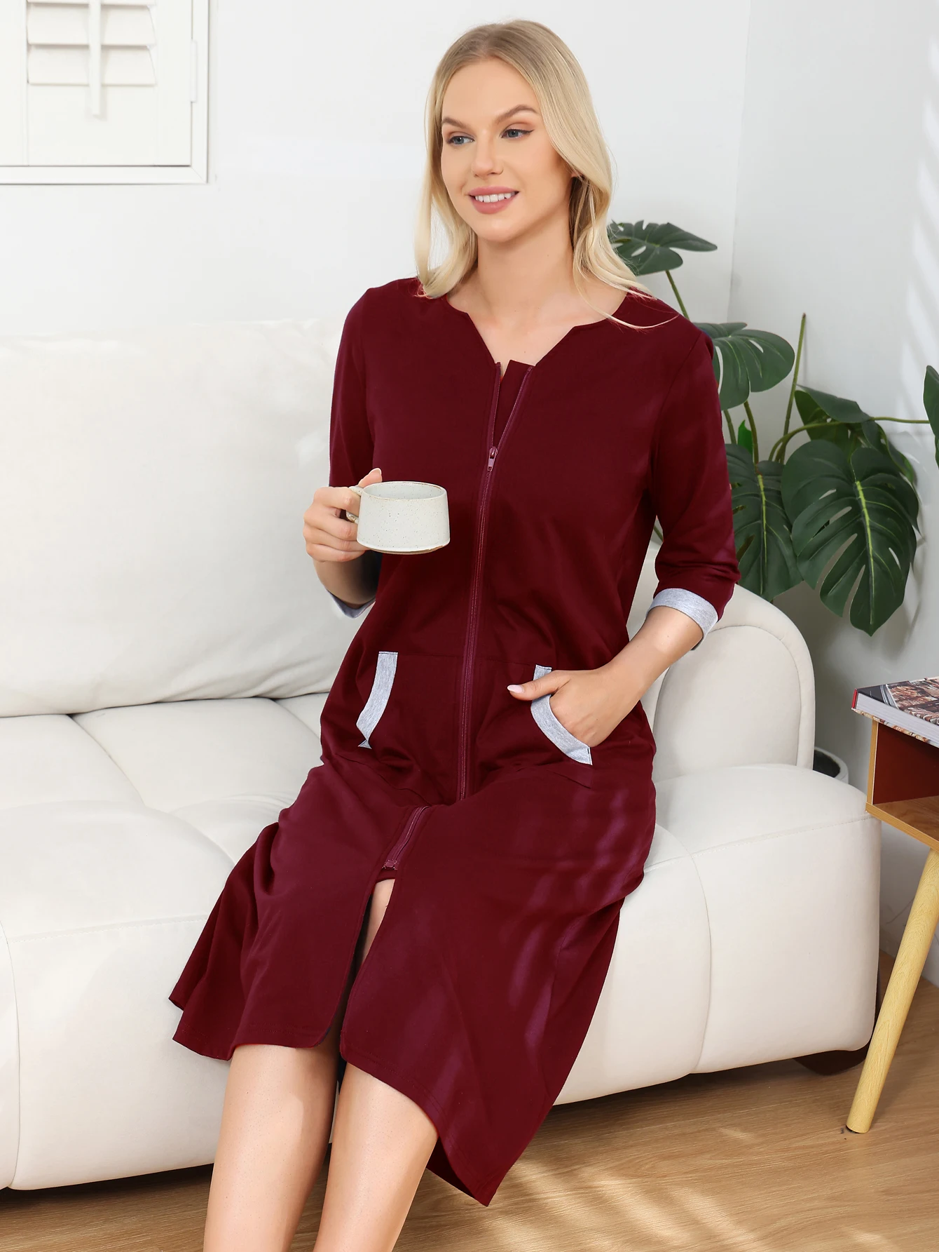 Aamikast Women's Zipper Robe 3/4 Sleeves Medium-length Loose Bathrobe Home Leisure Wear Woman Casual Sleepwear Pocket