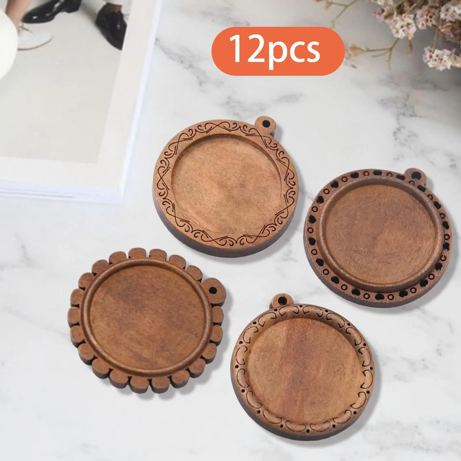 12 Pieces Pendant Trays Wooden Handmade 30mm Charms Cabochaon Trays for Decoration Necklace Jewelry Making DIY Crafting Photo