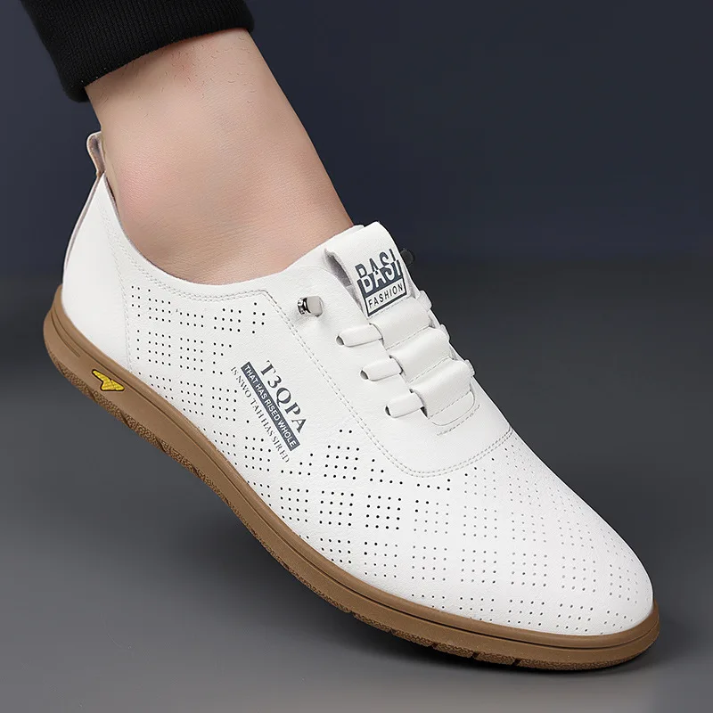 2025 Shoes for Men Leather Casual Shoes Summer New Microporous Slip-on Loafers Fashion Round Toe Sandals Driving Shoes 2