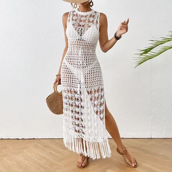 Women Fashion Beach Vacation Sunscreen Dress Knitting Hollow Out Bikini Cover Up Solid Color Backless Long Dress With Tassel 1