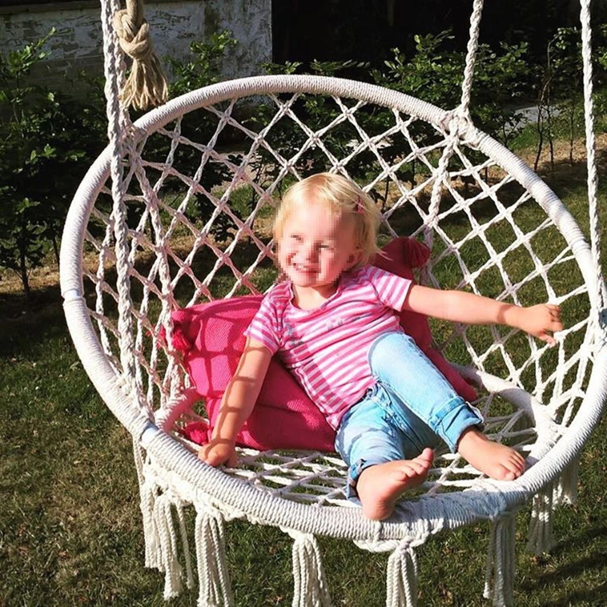 150KG Hammock Hanging Swing Chair Durable Knitted Macrame Swing Chair with Tassels Max 330 Lbs 2 Ways to Hang for Bedroom Garden 6