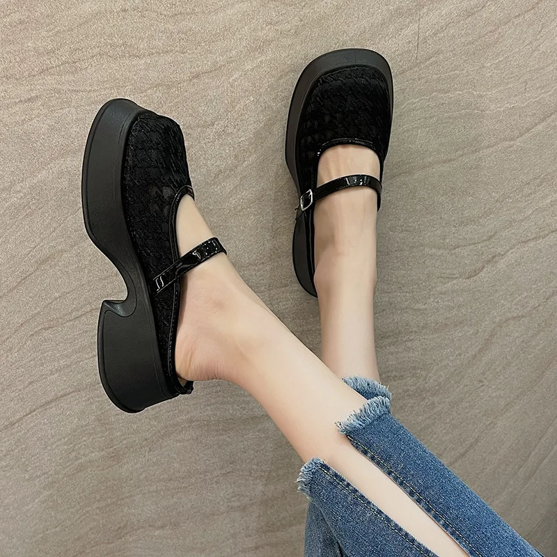 Women's Baotou Half Slippers with A Straight Stripe  Summer New Lace Breathable Fisherman's Shoes Leisure Thick Sole Sandals