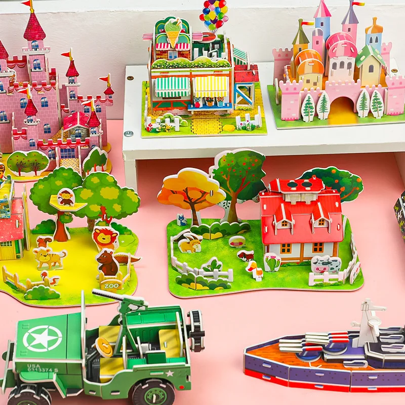Three-Dimensional 3D Model Puzzles Handmade DIY Castle Tanks Building Blocks Kids Toys for Children House Puzzle