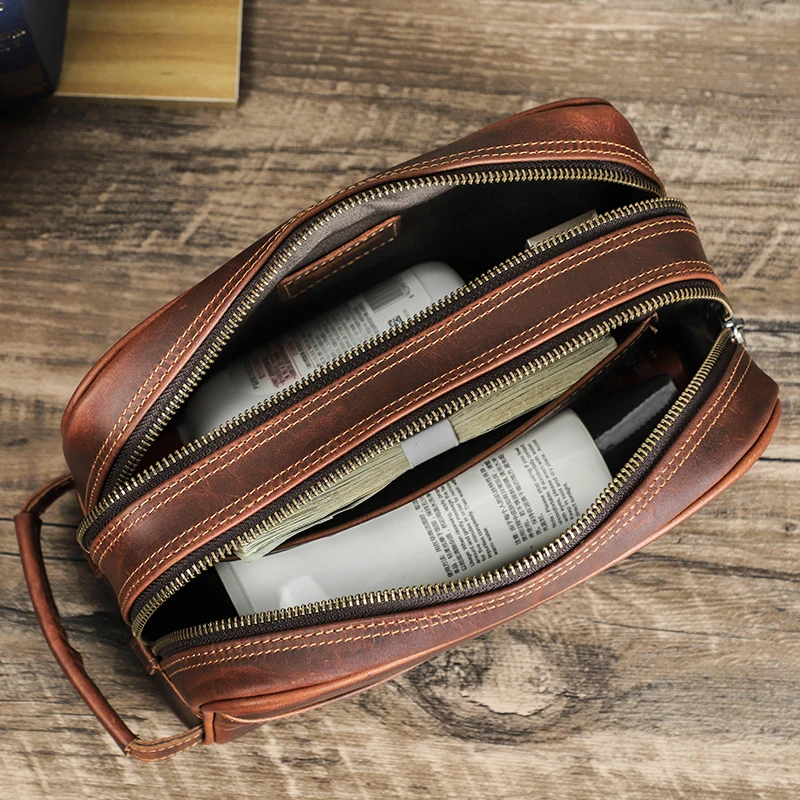 Makeup Bag Crazy Horse Genuine Leather Travel Makeup Bag Men's Vintage Leather Cosmetic Cases Luxury Washing Storage Toiletry Bags