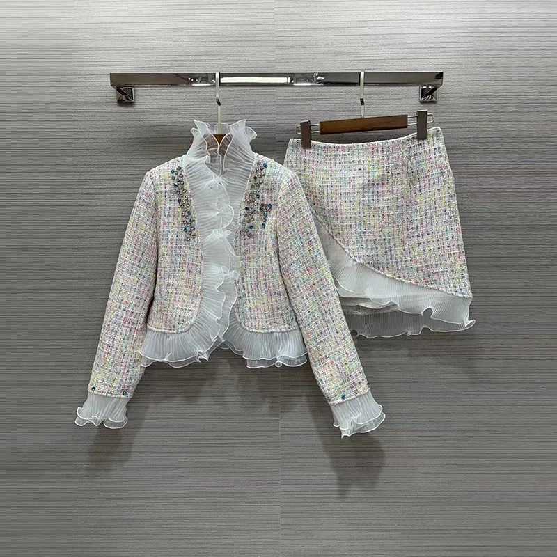 

Fall Winter French Royal Style Ruffles Tweed Beaded Short Coat Women's Fashion Elegant High Waist Above Knee Skirt Two-piece Set