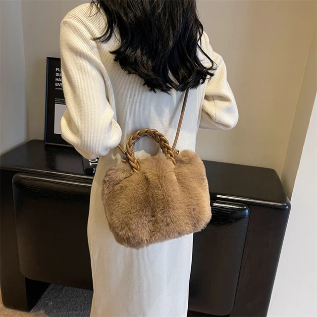 Lightweight, Portable, Fluffy, Fuzzy, Plush Casual, Fashion New Arrival  Plush Checkered Crossbody Bag With Color Blocking Design, Flap Closure &  Turn Lock, Suitable For Everyday Outfits And Gift Giving In Autumn And