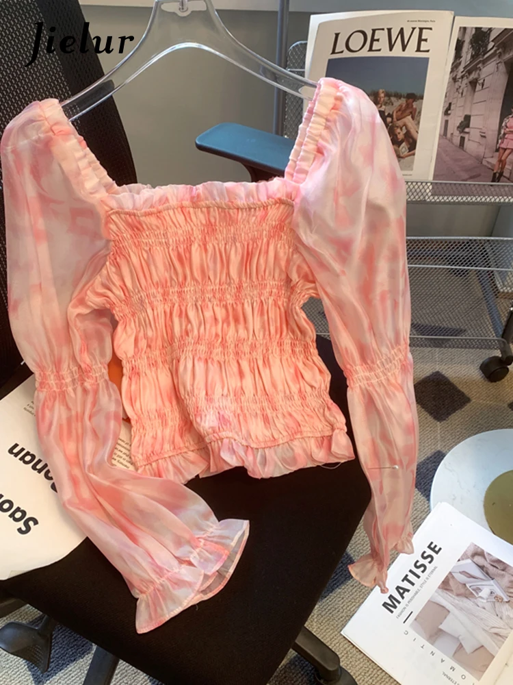 

Jielur Весенняя обнаженная французская рубашка с наклонным воротником модная дамская блузка сладкая блузка абрикосовый розовый блузка с длинными рукавами