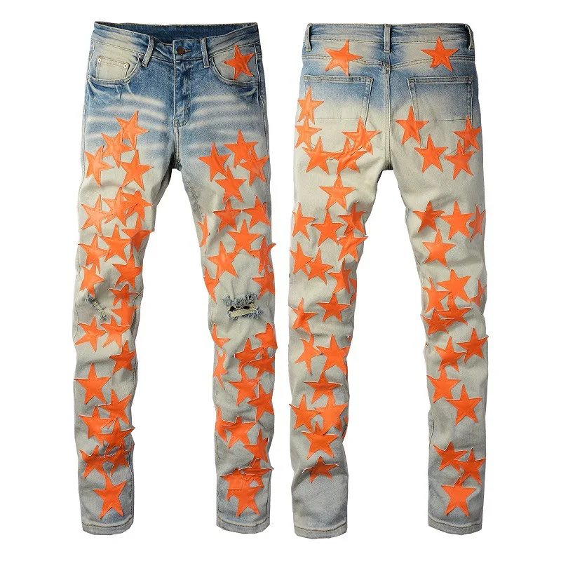 Men Leather Stars Patches Jeans Streetwear Slim Skinny Stretch Denim Pencil Pants Holes Ripped Patchwork Tapered Trousers