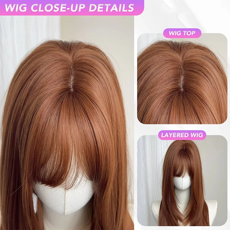 26 Inch Long Straight Synthetic Wig Layered Dark Orange Natural Smooth Hair Stylish Party Bangs Wigs For Women daily use