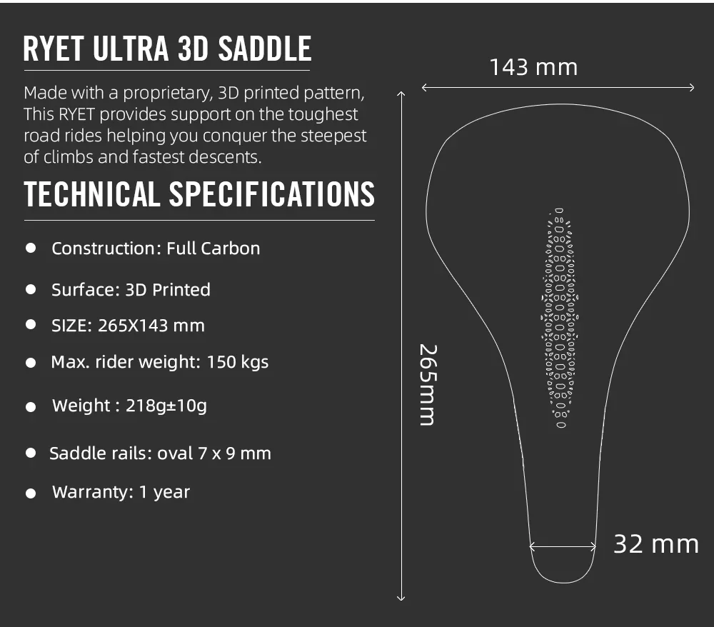 RYET Vollcarbon 3D-gedruckter Fahrradsattel 218 g 265 mm * 142 Carbon-Fahrradsitz MTB Gravel Road Breiter Sattel 7 * 9 mm Fahrradzubehör – Detail 3