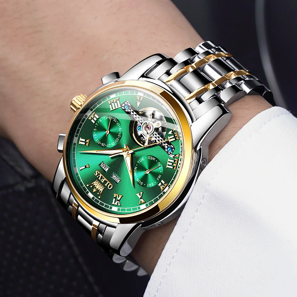 OLEVS Men Mechanical Watch Automatic Luxury Stainless Steel Waterproof Date Week Green Fashio Classic Wrist Watches Reloj Hombre