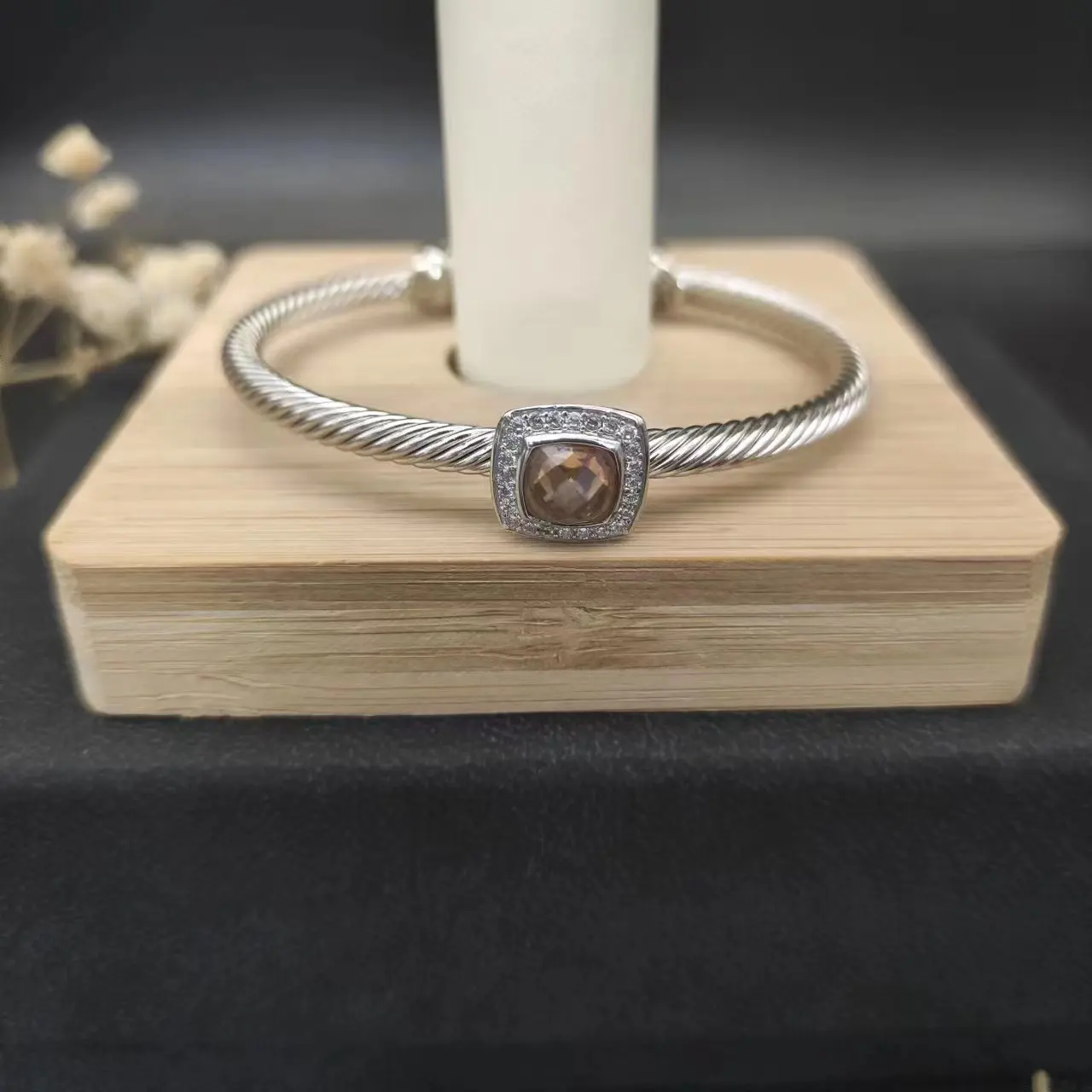 HSC 4MM Cable Classic DY S925 Sterling Silver Black Onyx And Paved Diamond Bracelet For Men's Jewelry Gift