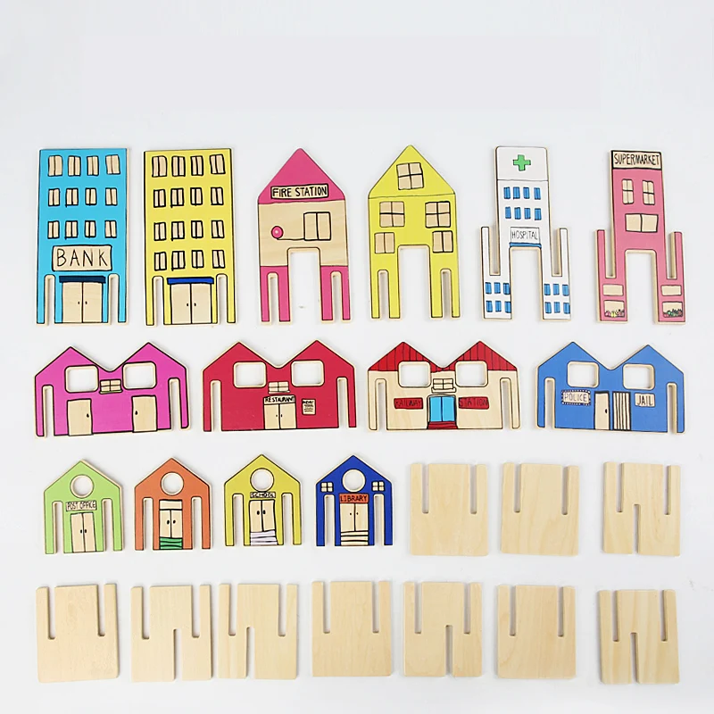 Waldorf Houses Game Wooden Village Construction Town Building Blocks 3D Architectural Puzzle Set For Kids