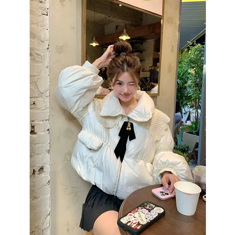 Korean Style Sweet Cute Doll Collar Long Sleeve Slim Fit Down Jackets Winter New Fashion Solid Color Ladies Thick Bow Down Coats