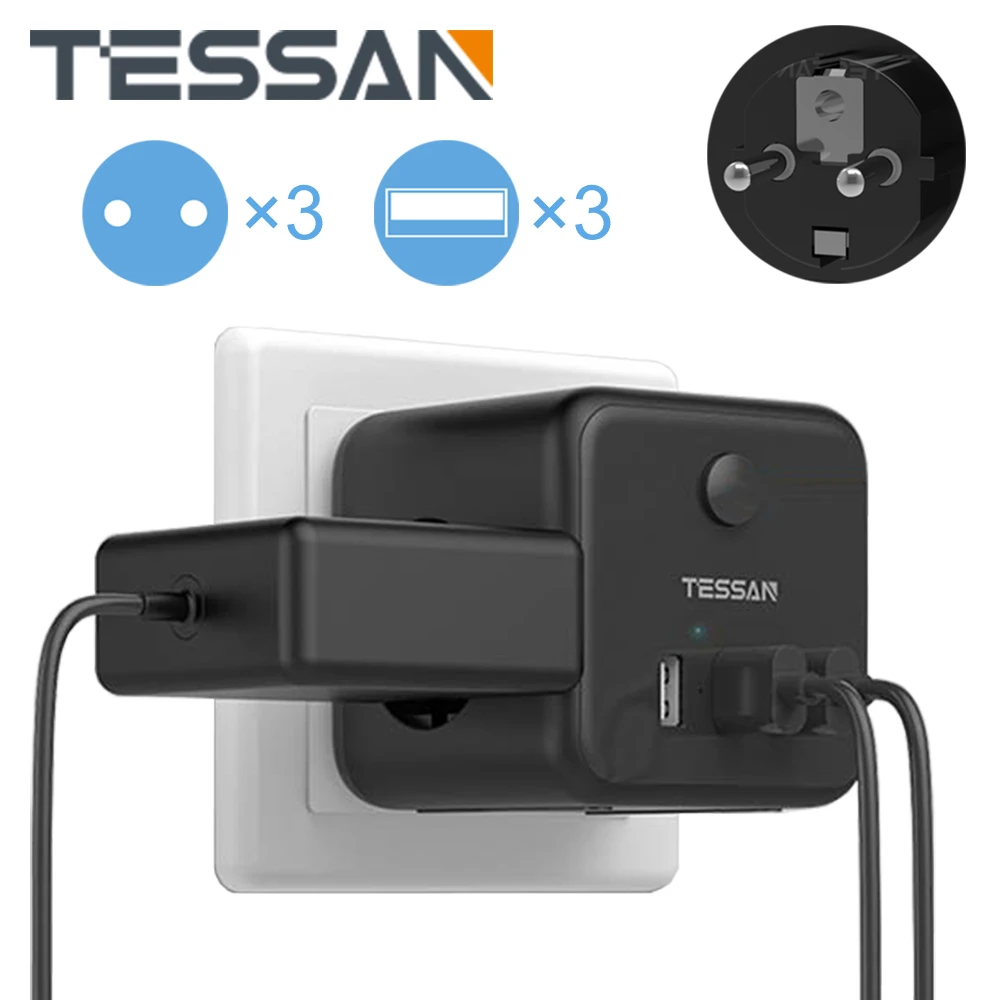 TESSAN Black Cube Socket Power Strip with Switch 3 EU Outlets 3 USB  Charging Ports Europe Wall Socket Extender Adapter for Home