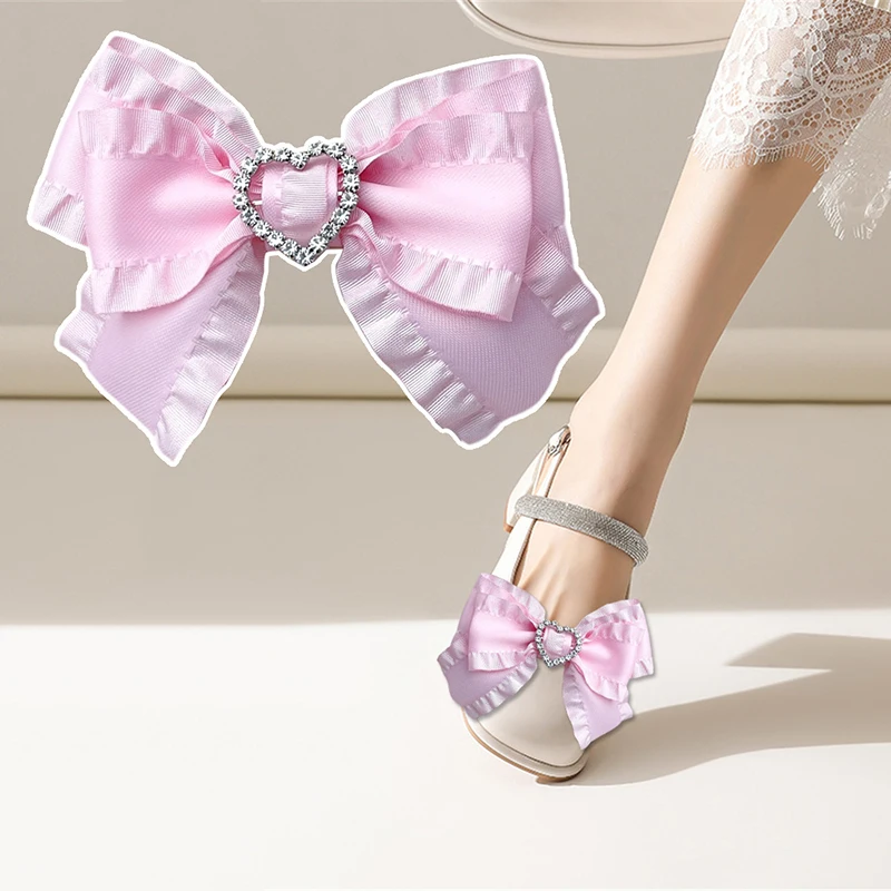 

Pink Bow Shoe Embellishment Elegant High Heels Shoe Clips Detachable Heart Shape Rhinestone Shoe Decor for Lolita Flats 2 Pcs
