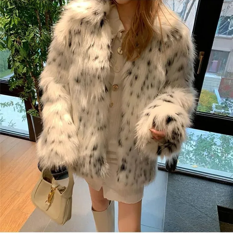 2022 Autumn and Winter Imitation Fox Fur Mid-length Coat Fashion Cute Leopard Print Loose Fur Coat Women
