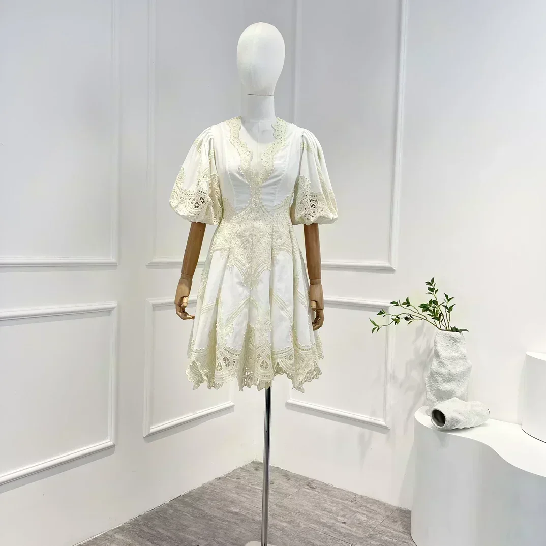 

Latest High Quality Elegant Patchwork Lace Tiggy Hollow Out Half Lantern Sleeve High Waist Mini Dress for Women