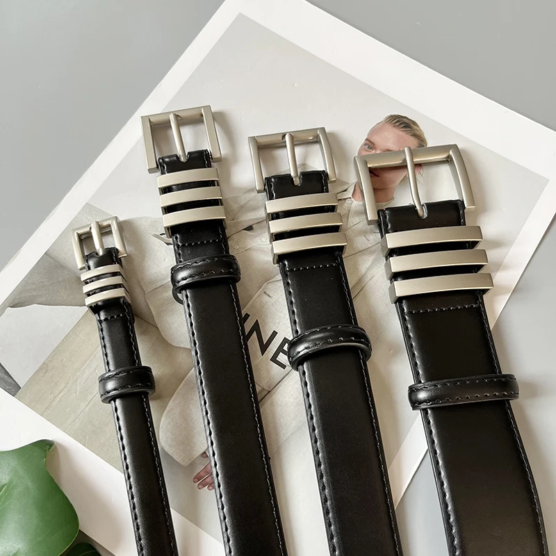여성용 클래식 메탈 버클 허리 벨트, 블랙 리얼 소가죽, 청바지 스트랩, 유럽 스트리트 소가죽