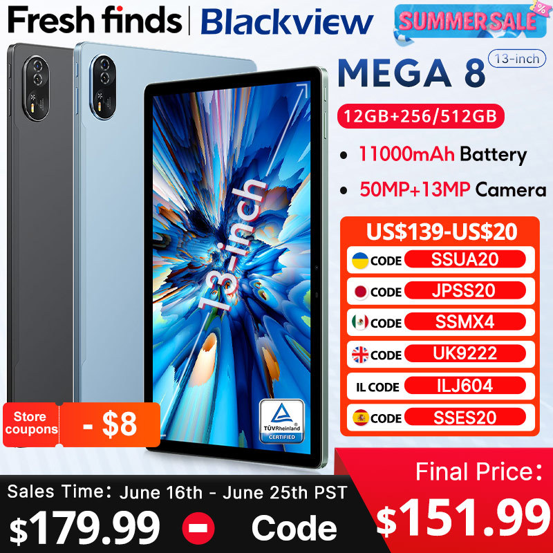 Blackview MEGA 8 Tablet 13 inch FHD+ 90Hz Display 11000mAh AI Android 15 50Mp Camera 4 BOX Speakers 4G Pad PC