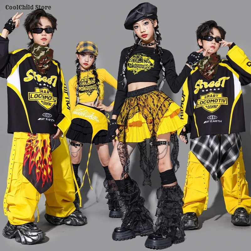 女の子K-POPクロップトップカーゴパンツストリートダンススカート男の子ヒップホップ服セットキッズストリートウェア子供ジャズガールグループコスチューム