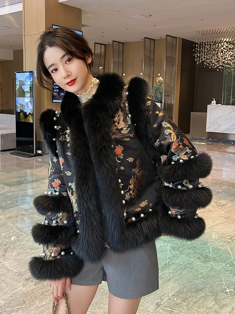 2023 Autumn Winter New Chinese Style Faux Fox Fur Coat for Women Short Chic Young Beaded Cotton-Padded Tang Coat Party Daily