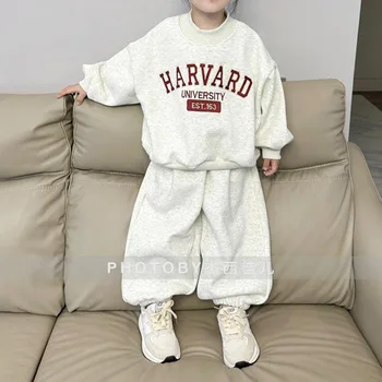 Abbigliamento per bambini moda semplice stampa di lettere Set 2024 inverno nuovi ragazzi e ragazze sciolto Casual addensato felpa con cappuccio in due pezzi
