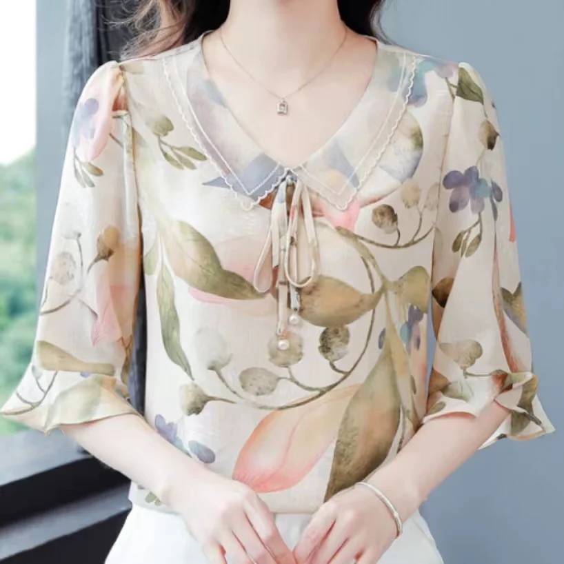 

Fragmented Chiffon Shirt Women's Half Sleeves 2023 New Fashion Elegant Blouse Top