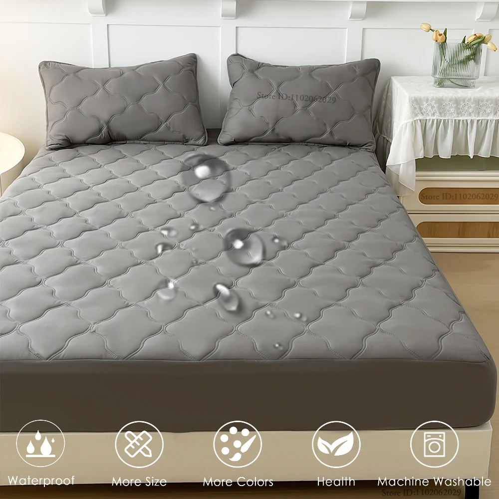 Waterproof Throw Mattress Cover Bed Fitted Sheet Mattress Bedspread Protector Pads Single/Double/King/Queen Full Size Gray/White 4