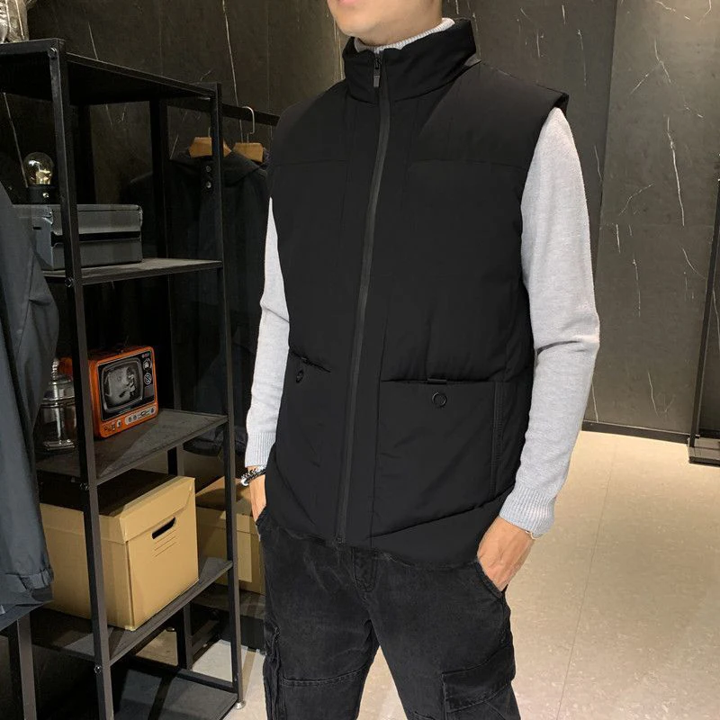 

Autumn Winter Oversized Stand Collar Loose Casual Vest Coat Male Sleeveless Solid Color All-match Zipper Jacket Men Warm Tops