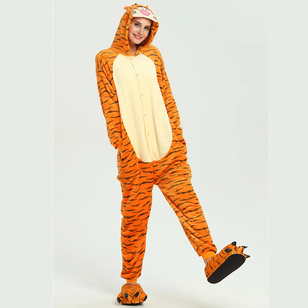 Orange Tiger with short tail and black stripe Hooded Flannel One-piece Hooded pajamas Button Onesie Couple Cosplay Sleepwear