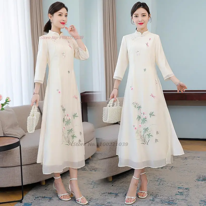 2024 aodai traditional vietnam cheongsam dress retro flower