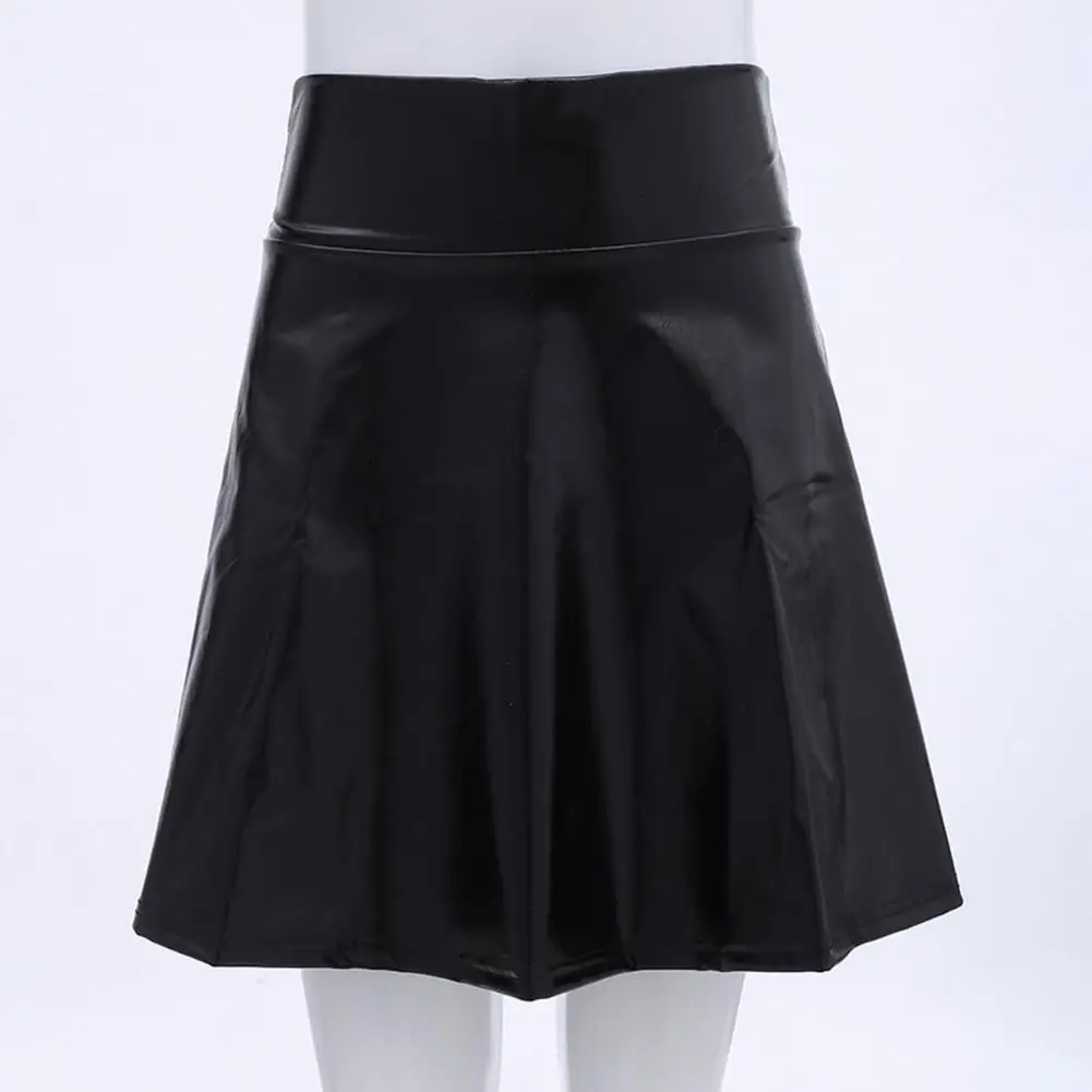 

Shiny Pleated Skirt Women's Glossy Faux Leather A-line Mini Skirt with Elastic Waist Pleated Hem High Waist Soft Performance