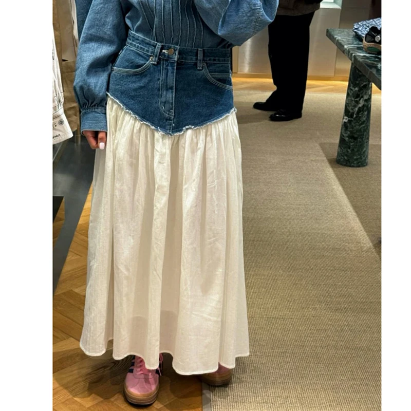 Summer Jeans Patchwork A-Line Skirts Women 2024 Summer Midi Skirts Ripped Tassel Pocket Denim Skirts Black White Holiday Skirt