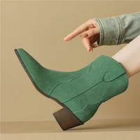 Womens Chelsea Boots for Spring Autumn Cow Suede Pointy Toe Chunky Heel Stitched Ankle Boots Winter Shoes Woman Western Botas - Image 5