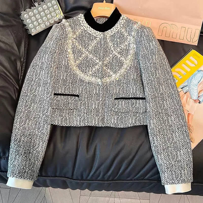 

Spring 2023 New Beaded Diamond Coat with Thick Tweed Big Pearl Celebrity Short Vintage Woolen Top