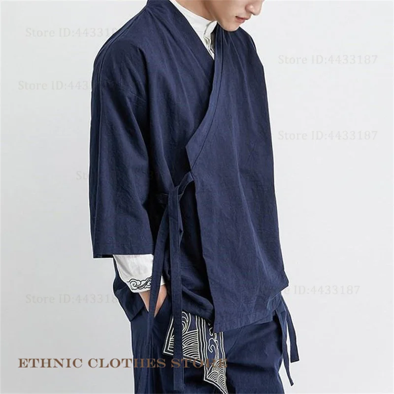Plus Size Men's Kimono Cardigan Jacket Cotton Linen Japanese Yukata Haori Loose Open Front Hanfu Coat Samurai Costume Streetwear