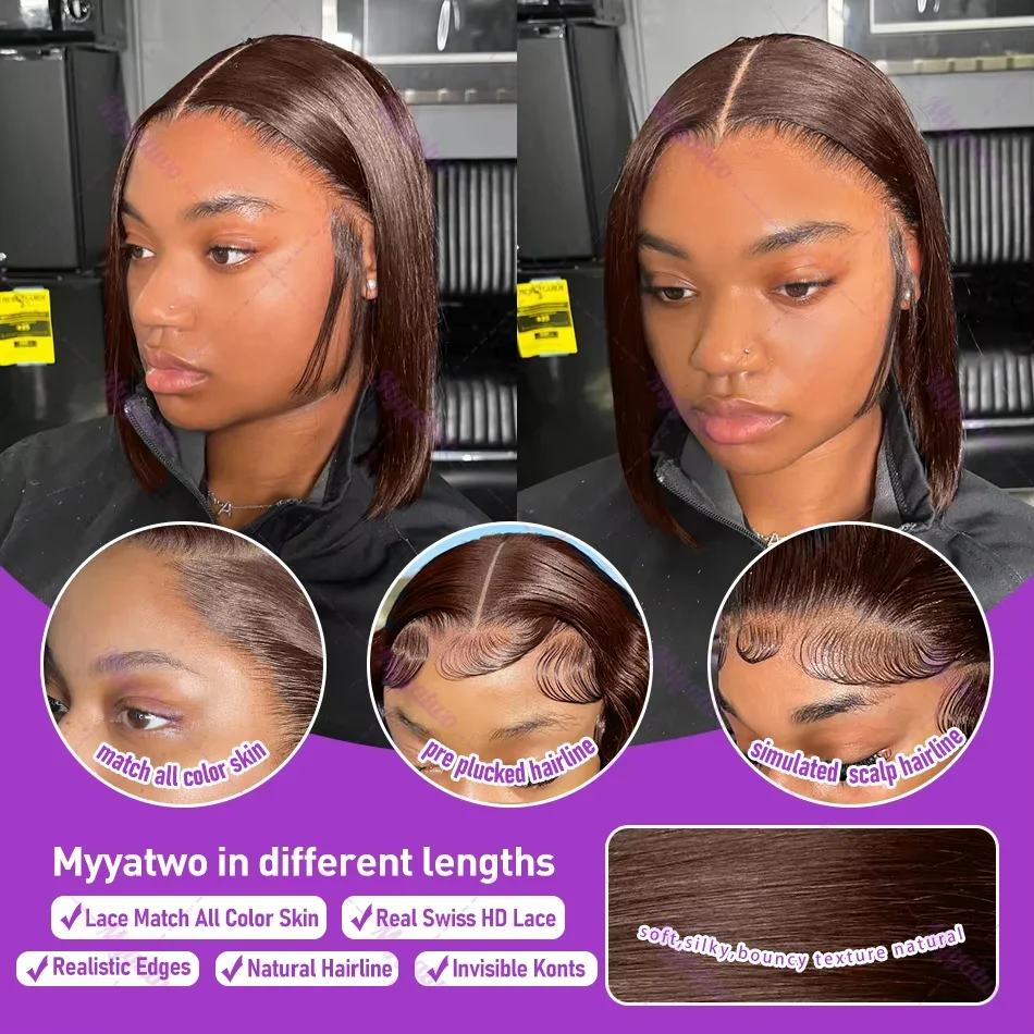 220% HD 13x4 13x5 Chocolate Brown Bone Straight Short Bob Lace Frontal Human Hair Wigs Transparent Pre Plucked Lace Front Wig 5