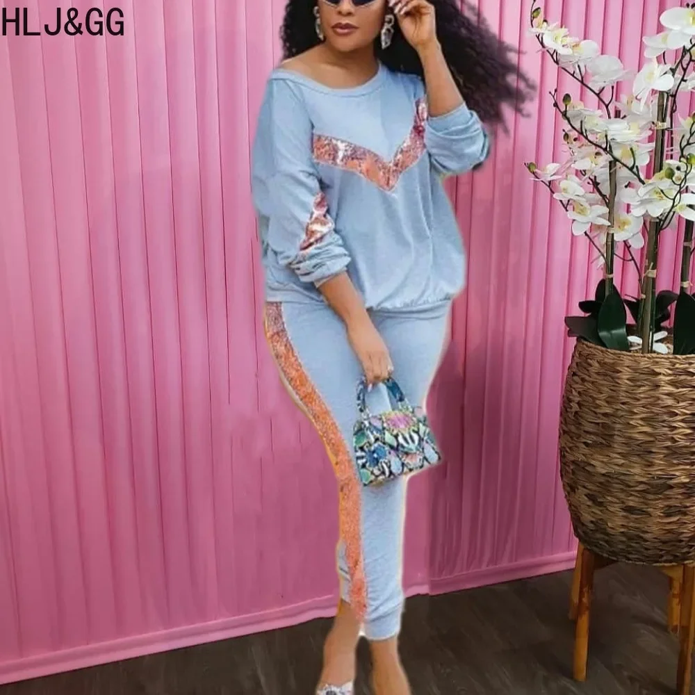 HLJ&GG Casual Sequin Splicing Two Piece Sets Women Round Neck Long Sleeve Top And Jogger Pants Tracksuits Female 2pcs Outfits long sleeve sparkling sequin cardigan a addition to wardrobe for clubbing stage performances office commutes spring fall long