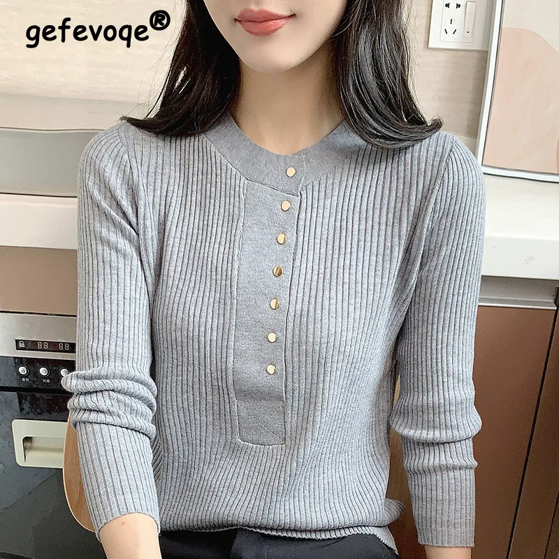 

Autumn Winter Vintage Elegant Fashion Simple Sweater Lady Solid Buttons Bottoming Pullover Women Slim All-match Knitting Jumper