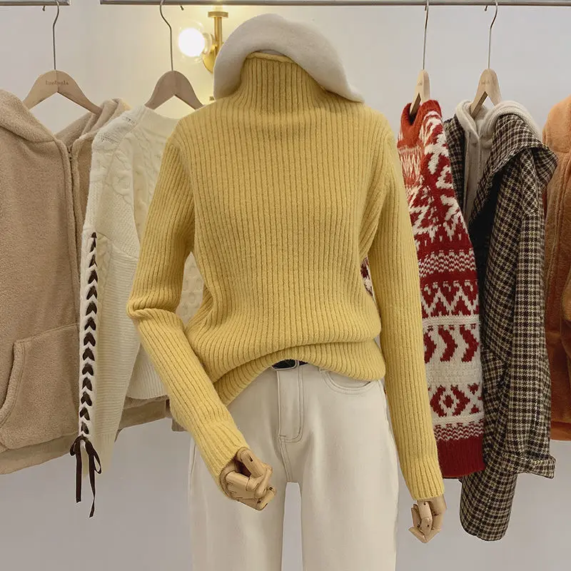 

Stylish Half High Collar Solid Color Knitted Wool Sweater Women's Clothe 2023 Autumn New Loose Casual Pullovers Commute Top D95