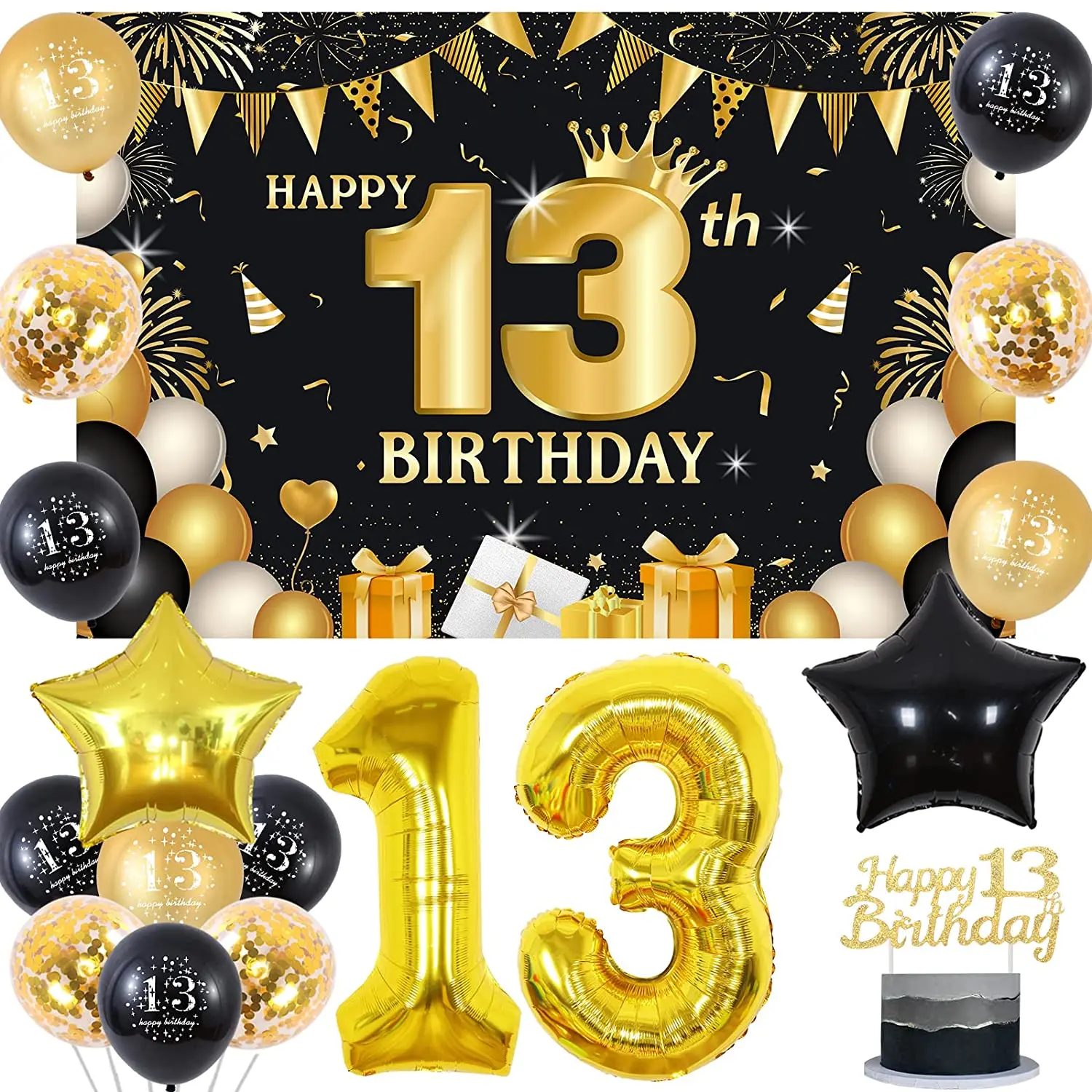 

Black Gold 13th Birthday Decorations Happy 13th Birthday Backdrop Cake Topper Balloons Official Teenager Birthday Party Supplies